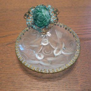 Vintage Frosted Glass Dish with Raised Birds